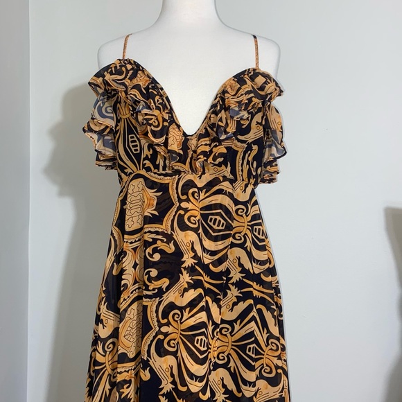 Akira Baroque Gold Black Plunging Neck Ruffled Maxi High Low Dress L Large - Picture 4 of 15